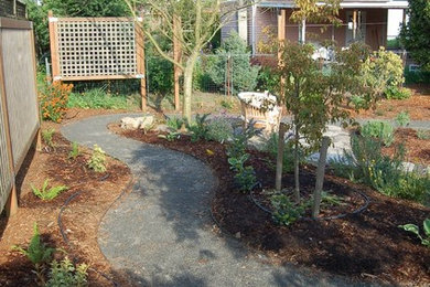 Inspiration for a mid-sized eclectic full sun backyard gravel garden path in Portland.