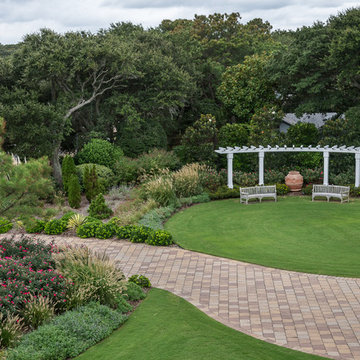 Curved pergola and benches with focal point