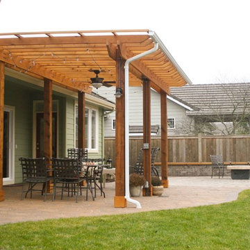 Custom built pergola with lighting, irrigation, and electrical access.