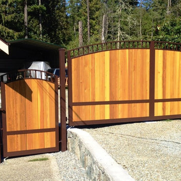 Custom Made Aluminum Gate with Wood Panels & Matching Pedestrian Gate