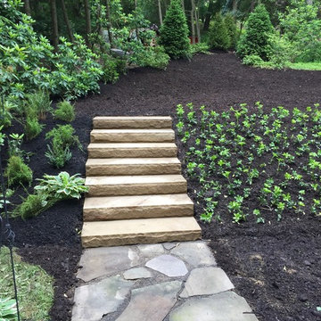 Cut sandstone steps and irregular bluestone path
