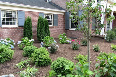 Imagen de jardín clásico de tamaño medio en patio lateral con adoquines de ladrillo