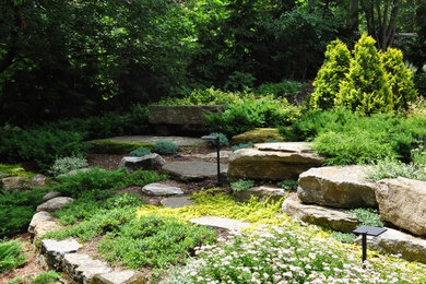 Inspiration for a contemporary partial sun backyard stone landscaping in Montreal.