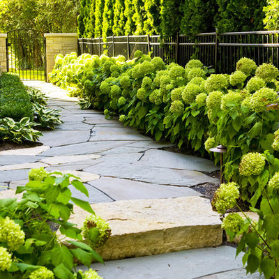 Photo of a traditional side yard stone garden path in Chicago.