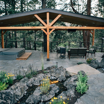 Deschutes River Landscape with Perennial Beds, Roofed Pergola and Water Feature