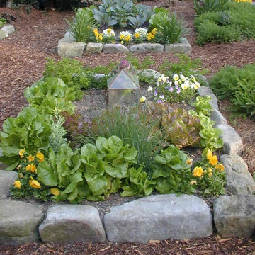 Detail of " one man boulder " edging for raised beds