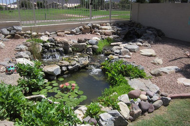 This is an example of a large mediterranean partial sun backyard pond in Phoenix.