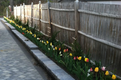 Imagen de acceso privado clásico de tamaño medio en primavera en patio lateral con jardín de macetas, exposición reducida al sol y adoquines de hormigón