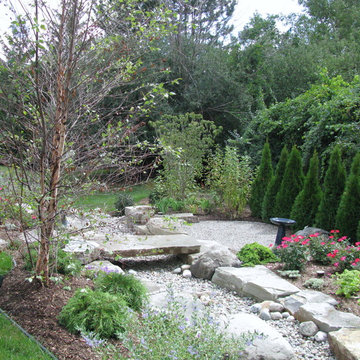 Dry Stream Bed with Seating Area and Bird Bath
