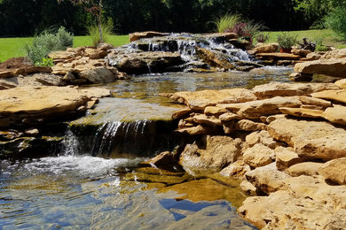 Diseño de jardín campestre grande en verano en patio trasero con estanque, exposición total al sol y mantillo