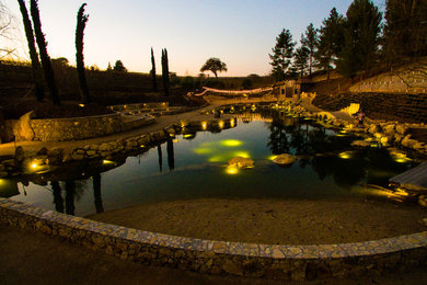 Cette photo montre un très grand jardin arrière méditerranéen l'hiver avec un point d'eau et une exposition ensoleillée.