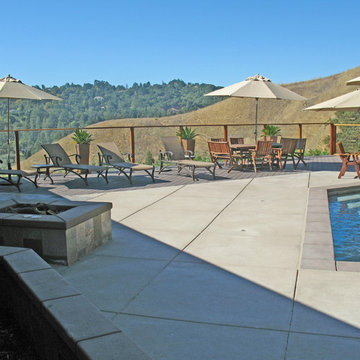 Fire Pit, glass railing, trex deck, swimming pool and spa