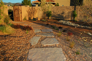 Inspiration for a medium sized back xeriscape fully shaded garden in Albuquerque with a garden path and natural stone paving.
