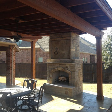 Flower Mound, Texas patio cover, stamped concrete and outdoor fireplace
