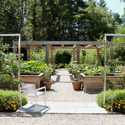 This is an example of a farmhouse full sun backyard gravel landscaping in Boston for summer.