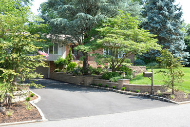 Photo of a large traditional shade front yard concrete paver driveway in New York.