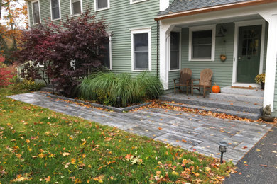 Design ideas for a small front yard concrete paver walkway in Portland Maine.