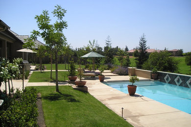 Photo of a large mediterranean backyard concrete paver landscaping in New York.