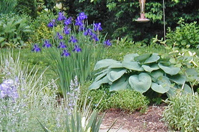 Modelo de jardín clásico renovado de tamaño medio en primavera en patio trasero con exposición total al sol y adoquines de piedra natural