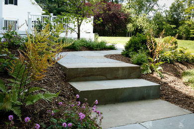 This is an example of a modern partial sun backyard stone garden path in DC Metro for spring.