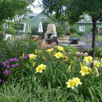 Gardens surrounding patio