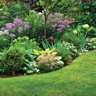 Geometrischer, Mittelgroßer, Halbschattiger Klassischer Vorgarten im Frühling mit Mulch und Blumenbeet in Boston