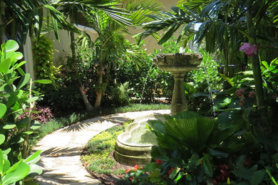 Imagen de jardín tropical de tamaño medio en patio trasero con jardín francés, exposición parcial al sol y adoquines de piedra natural