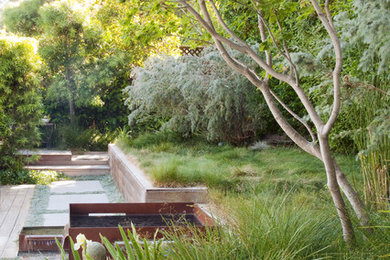 Идея дизайна: солнечный засухоустойчивый сад среднего размера на заднем дворе в стиле модернизм с местом для костра, хорошей освещенностью и мощением тротуарной плиткой