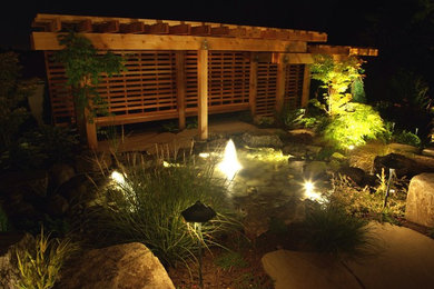 Modelo de jardín clásico en patio delantero con fuente