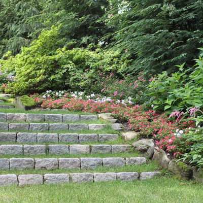 This is an example of a large traditional shade backyard stone landscaping in New York.