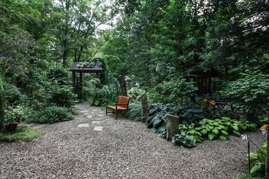 Cette image montre un petit jardin arrière asiatique l'été avec une exposition ombragée et du gravier.