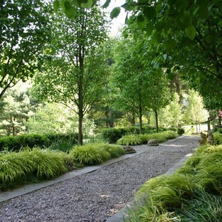 Esempio di un giardino formale contemporaneo in ombra dietro casa e di medie dimensioni con ghiaia e un ingresso o sentiero
