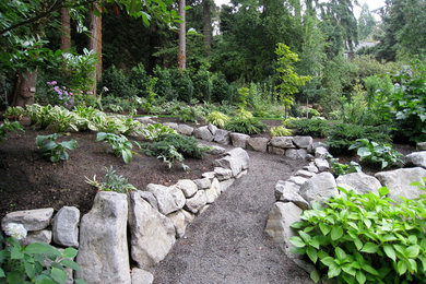 Photo of a large traditional shade backyard gravel retaining wall landscape in Portland.