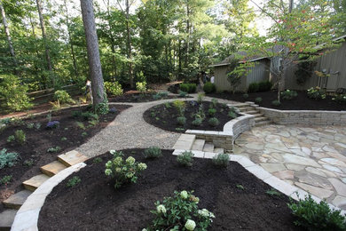 Photo of a large traditional shade backyard stone landscaping in Other.