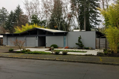 This is an example of a mid-sized mid-century modern drought-tolerant front yard landscaping in Portland.