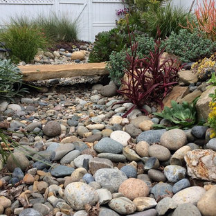 Mid-sized mediterranean backyard partial sun xeriscape in San Luis Obispo with a garden path and gravel for spring.