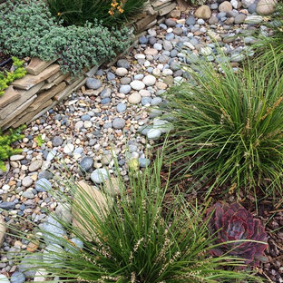 Design ideas for a mid-sized mediterranean backyard partial sun xeriscape for spring in San Luis Obispo with a garden path and gravel.