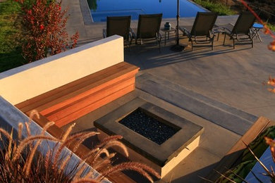 Design ideas for a mid-sized modern drought-tolerant and full sun backyard concrete paver landscaping in Los Angeles with a fire pit for spring.