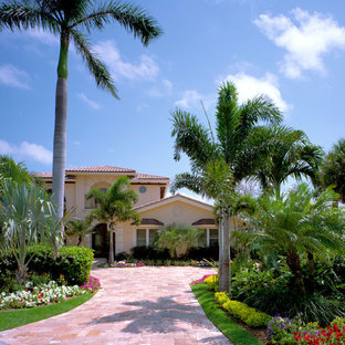 Idee per un grande vialetto d'ingresso tropicale esposto in pieno sole davanti casa in estate con pavimentazioni in pietra naturale