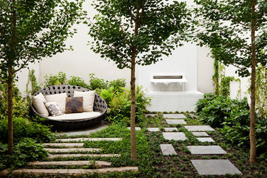 Esempio di un giardino formale chic esposto a mezz'ombra di medie dimensioni e in cortile con fontane e pavimentazioni in cemento