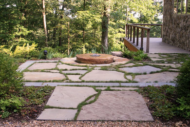 This is an example of a medium sized contemporary back partial sun garden in Other with a garden path and natural stone paving.