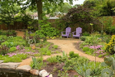 Imagen de jardín actual de tamaño medio en primavera en patio trasero con fuente, exposición parcial al sol y gravilla