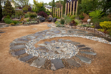 Design ideas for a mid-sized full sun backyard gravel formal garden in San Francisco with a fire pit.
