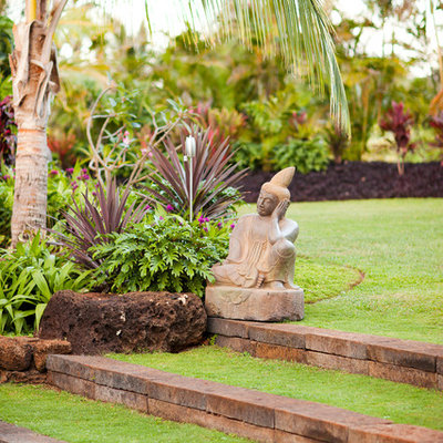 This is an example of a tropical backyard landscaping in Hawaii.