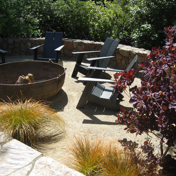 Kentfield, CA, Low Maintenance Garden with Fire Pit - Lawn replaced with DG (De