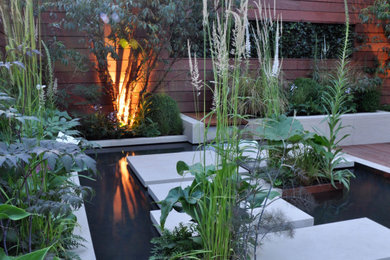 Photo of a small contemporary back garden for summer with a pond and a wood fence.