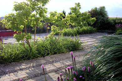 This is an example of a mid-sized contemporary full sun backyard gravel landscaping in Other for summer.