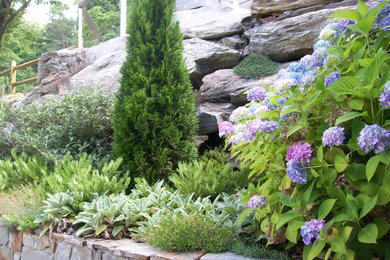 This is an example of a mid-sized hillside stone landscaping in Charlotte.