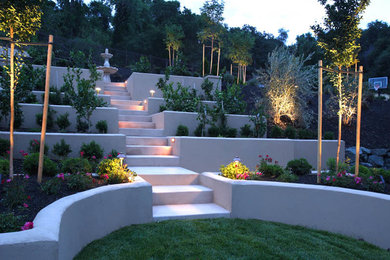 Idée de décoration pour un grand jardin arrière avec une exposition ensoleillée.