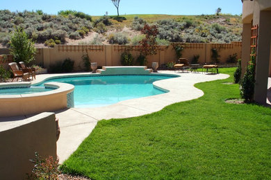 Großer Klassischer Garten hinter dem Haus, im Sommer mit Betonboden und direkter Sonneneinstrahlung in Albuquerque
